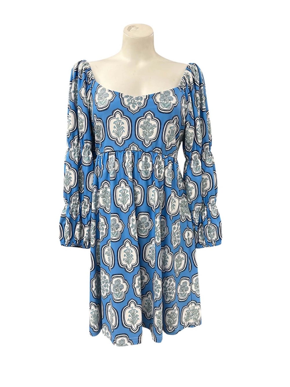 Smith & Quinn Blue Printed Long-Sleeve Square Neck Mini Dress Size M